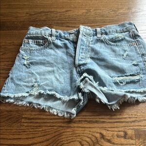 Denim Forum Blue Jean Shorts with Frayed Hem